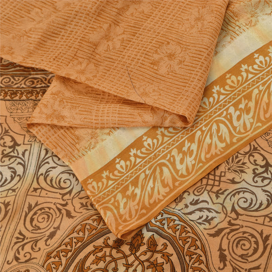 Sanskriti Vintage Sarees Shades Of Brown Pure Silk Printed Sari 5yd Craft Fabric