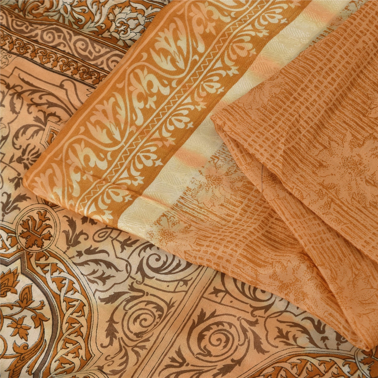 Sanskriti Vintage Sarees Shades Of Brown Pure Silk Printed Sari 5yd Craft Fabric