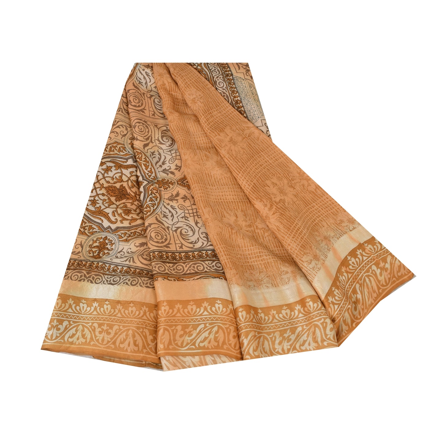 Sanskriti Vintage Sarees Shades Of Brown Pure Silk Printed Sari 5yd Craft Fabric