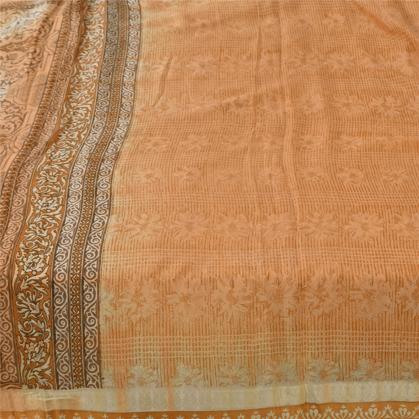 Sanskriti Vintage Sarees Shades Of Brown Pure Silk Printed Sari 5yd Craft Fabric