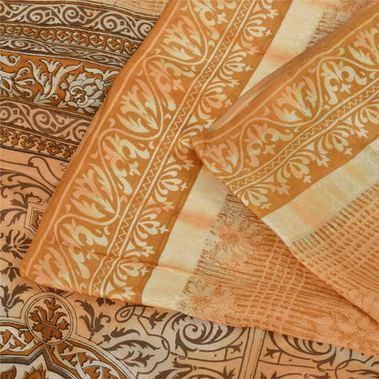 Sanskriti Vintage Sarees Shades Of Brown Pure Silk Printed Sari 5yd Craft Fabric