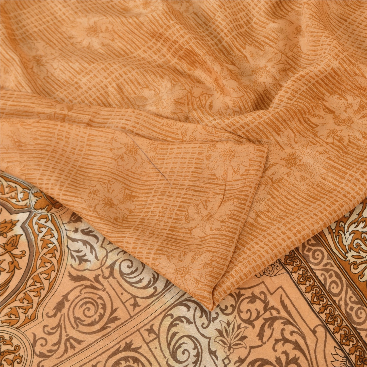 Sanskriti Vintage Sarees Shades Of Brown Pure Silk Printed Sari 5yd Craft Fabric