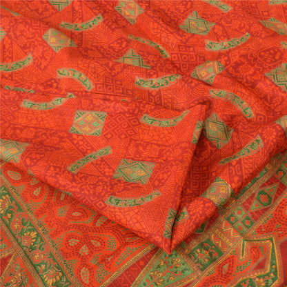 Sanskriti Vintage Sarees Orange/Green Pure Silk Printed Sari 6yd Craft Fabric