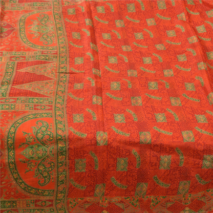 Sanskriti Vintage Sarees Orange/Green Pure Silk Printed Sari 6yd Craft Fabric