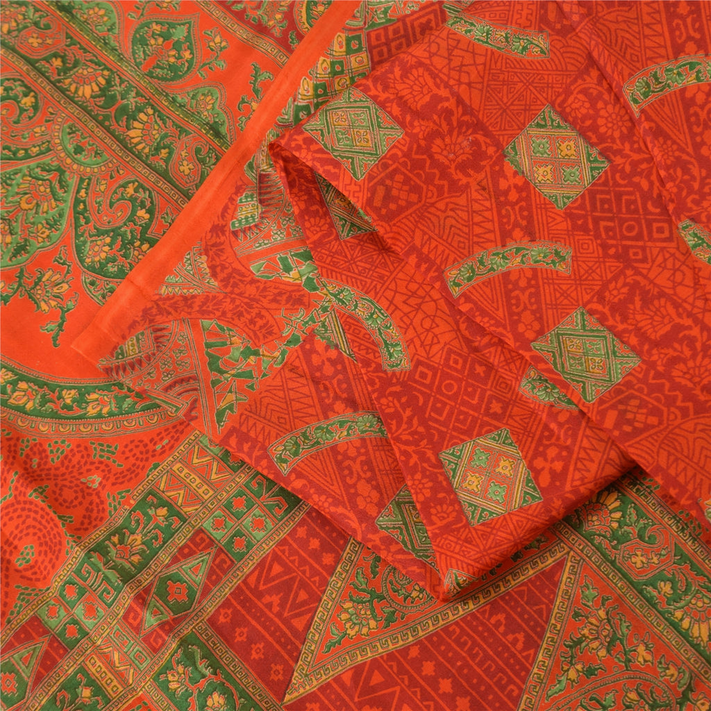 Sanskriti Vintage Sarees Orange/Green Pure Silk Printed Sari 6yd Craft Fabric