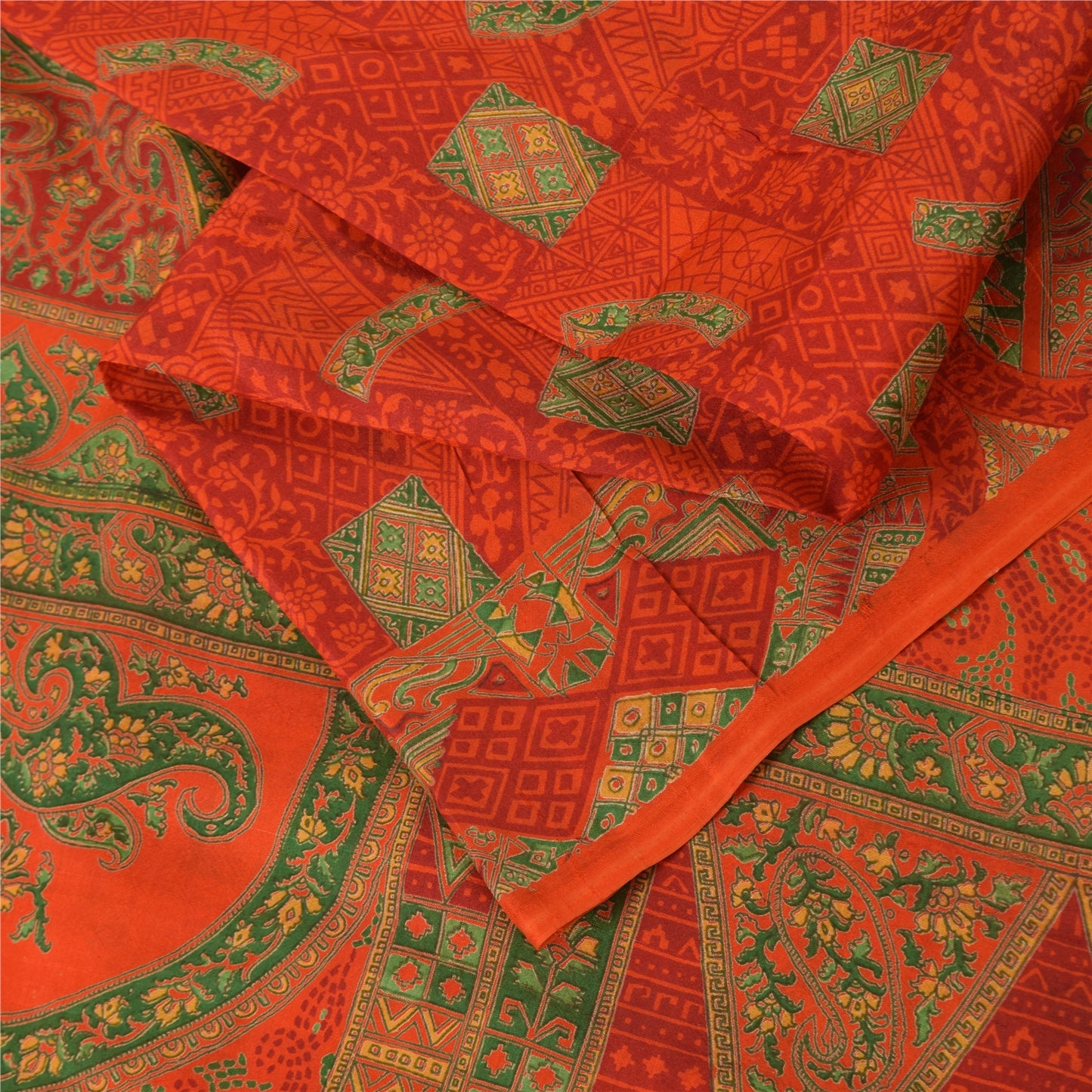 Sanskriti Vintage Sarees Orange/Green Pure Silk Printed Sari 6yd Craft Fabric