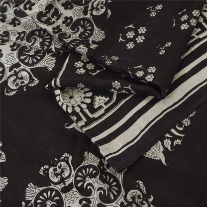 Sanskriti Vintage Sarees Black 100% Pure Silk Printed Sari 5yd Craft Fabric