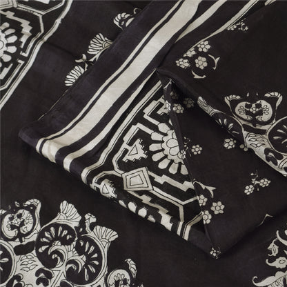 Sanskriti Vintage Sarees Black 100% Pure Silk Printed Sari 5yd Craft Fabric