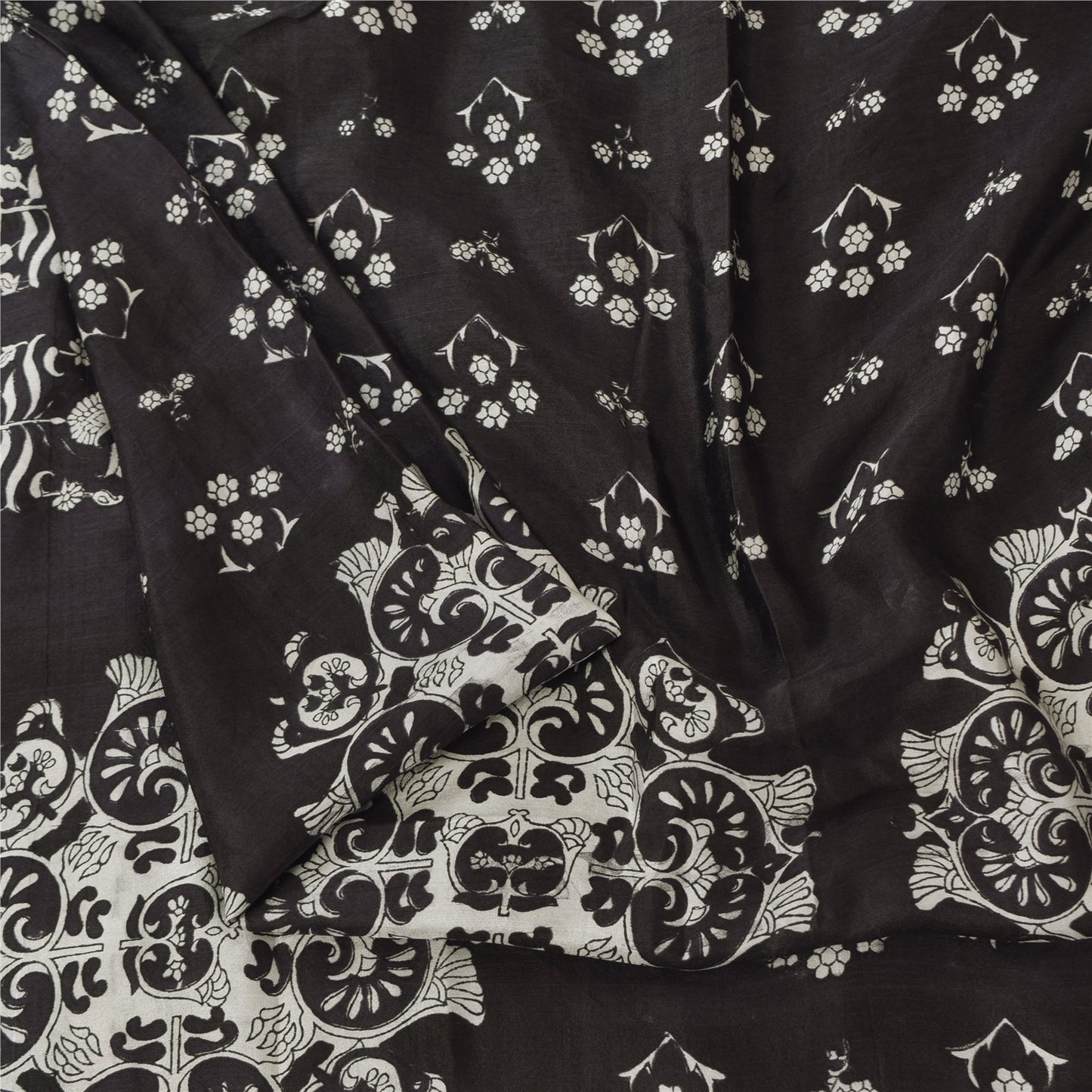 Sanskriti Vintage Sarees Black 100% Pure Silk Printed Sari 5yd Craft Fabric