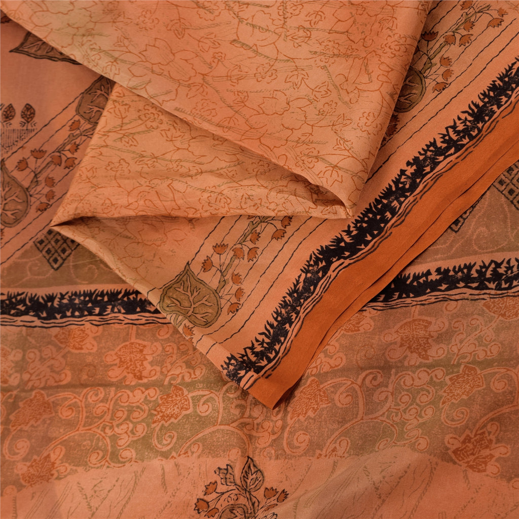 Sanskriti Vintage Sarees Orange 100% Pure Silk Printed Sari 5yd Craft Fabric