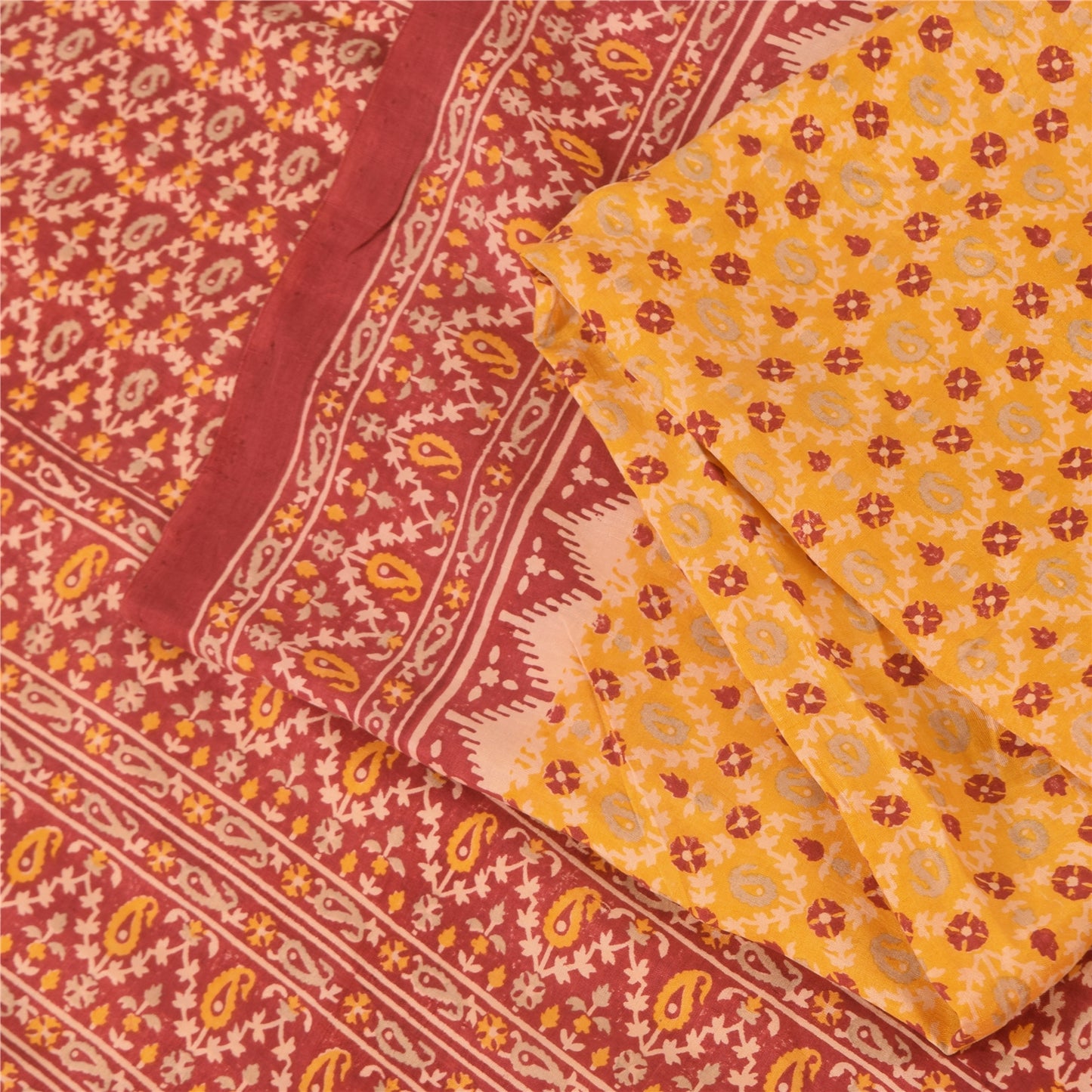 Sanskriti Vintage Sarees Yellow/Red Pure Silk Printed Sari 5yd Craft Fabric