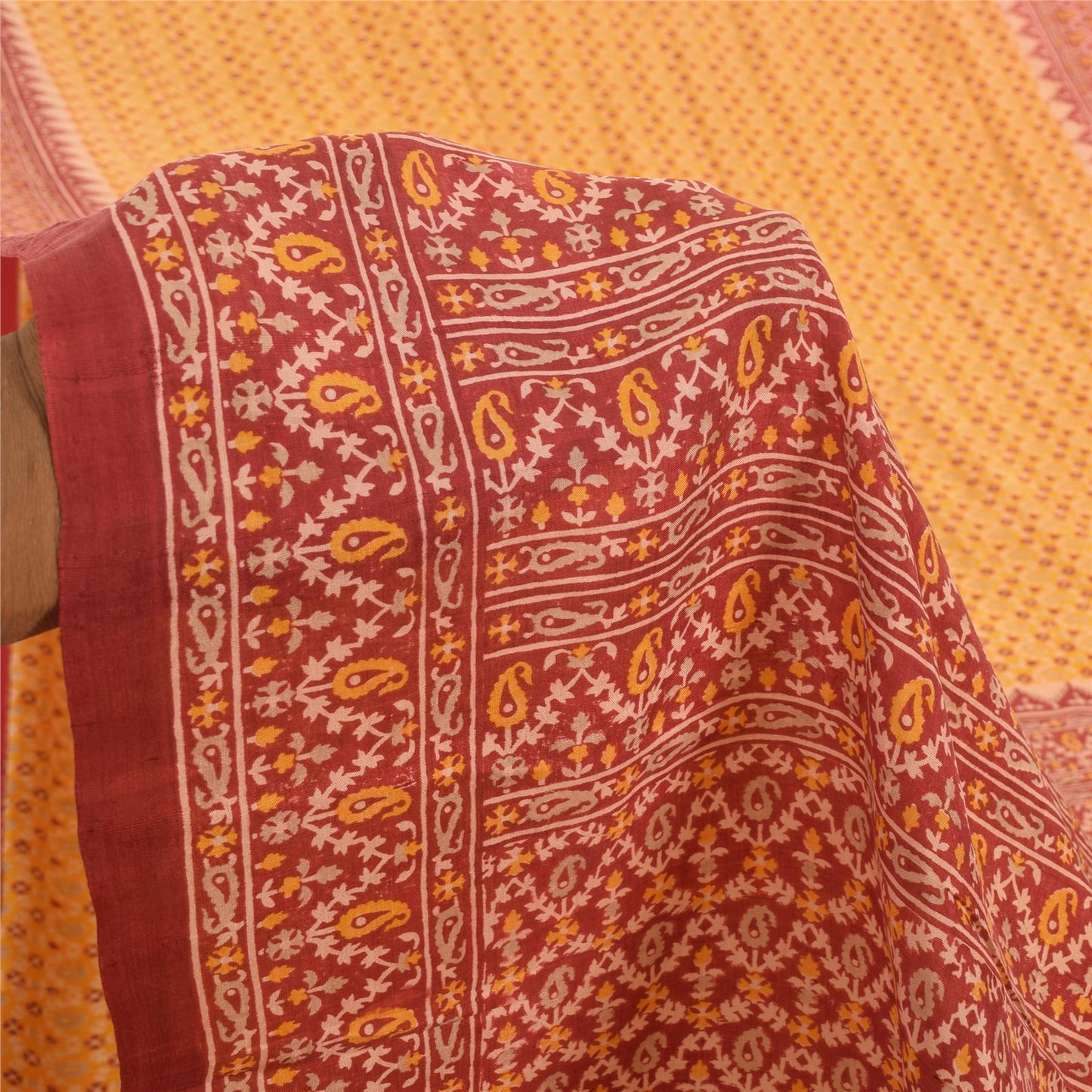 Sanskriti Vintage Sarees Yellow/Red Pure Silk Printed Sari 5yd Craft Fabric