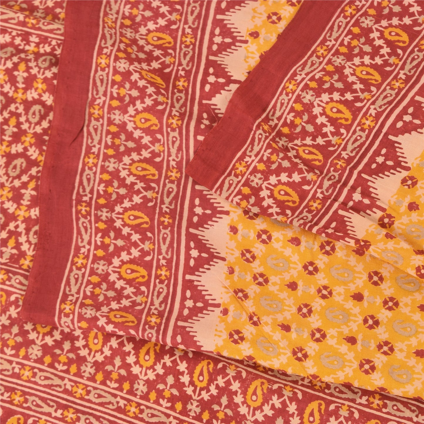 Sanskriti Vintage Sarees Yellow/Red Pure Silk Printed Sari 5yd Craft Fabric