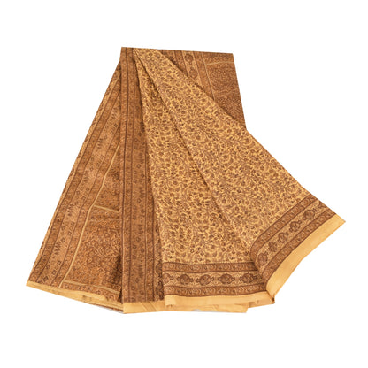 Sanskriti Vintage Sarees Cream/Brown 100%Pure Silk Printed Sari 6yd Craft Fabric