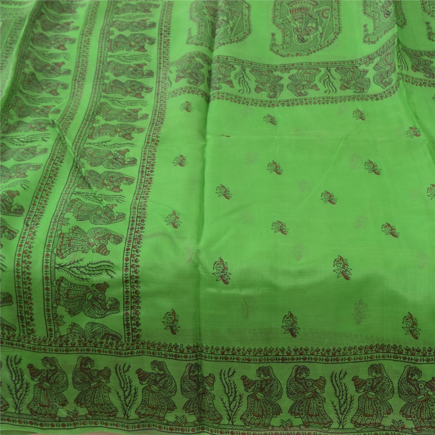 Sanskriti Vintage Sarees Green Pure Silk Women Printed Sari 5yd Craft Fabric