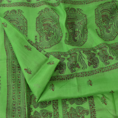 Sanskriti Vintage Sarees Green Pure Silk Women Printed Sari 5yd Craft Fabric