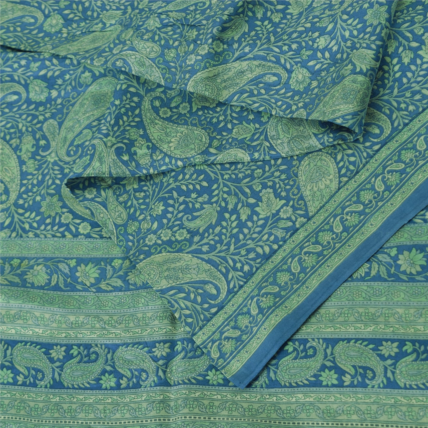 Sanskriti Vintage Sarees From India Blue Pure Silk Printed Sari 5yd Craft Fabric