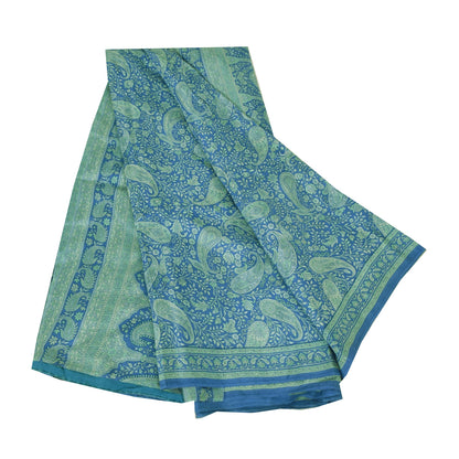 Sanskriti Vintage Sarees From India Blue Pure Silk Printed Sari 5yd Craft Fabric