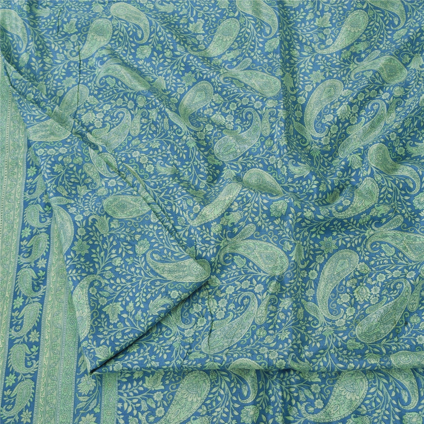 Sanskriti Vintage Sarees From India Blue Pure Silk Printed Sari 5yd Craft Fabric