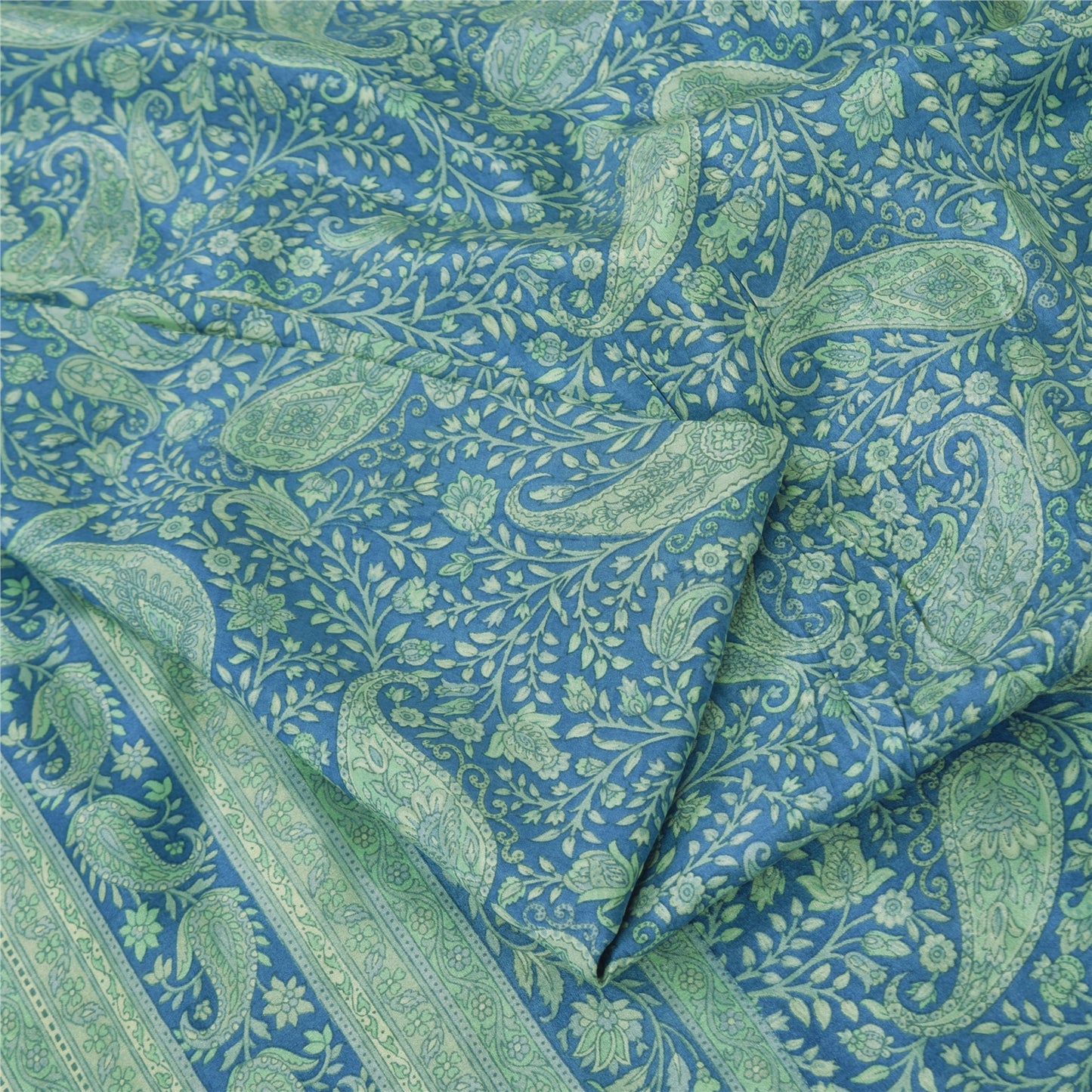 Sanskriti Vintage Sarees From India Blue Pure Silk Printed Sari 5yd Craft Fabric