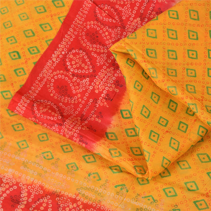 Sanskriti Vintage Sarees Yellow/Red Bandhani Printed Pure Silk Sari 5yd Fabric