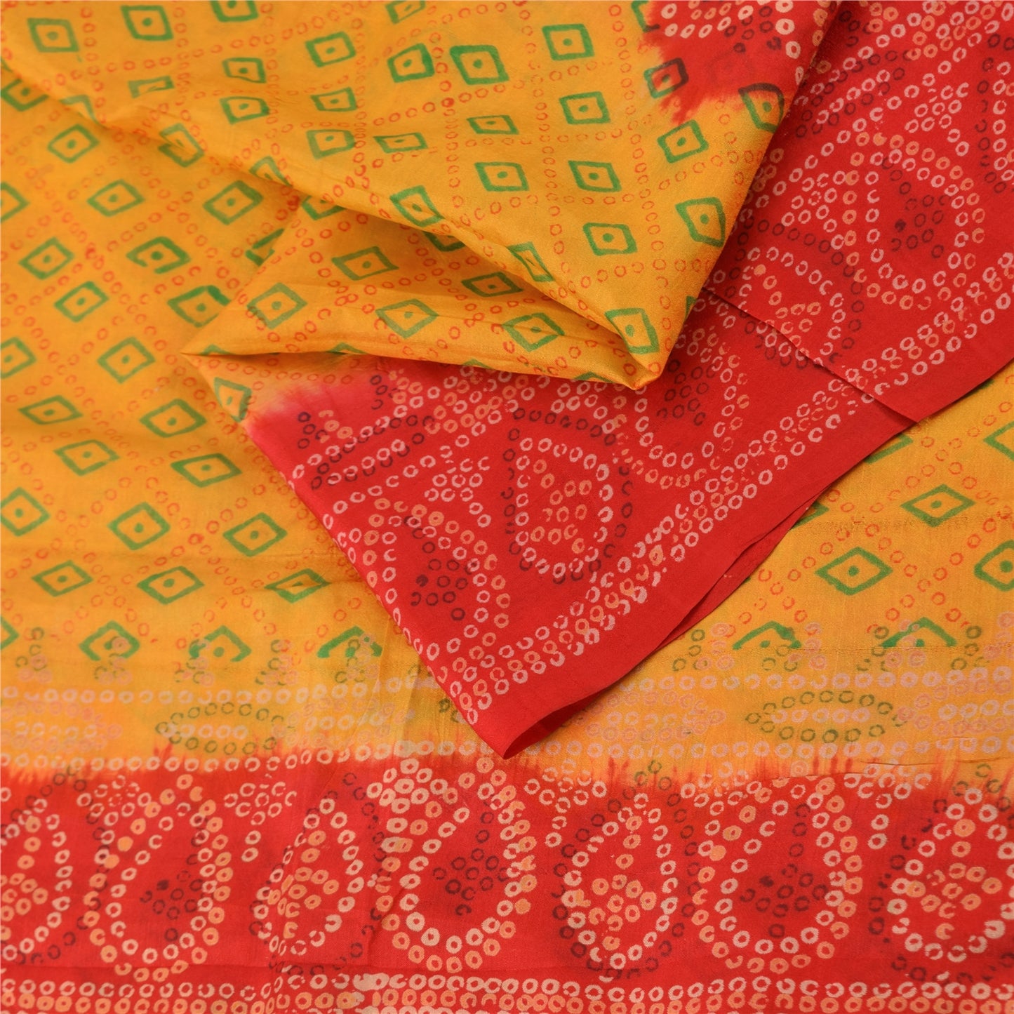 Sanskriti Vintage Sarees Yellow/Red Bandhani Printed Pure Silk Sari 5yd Fabric