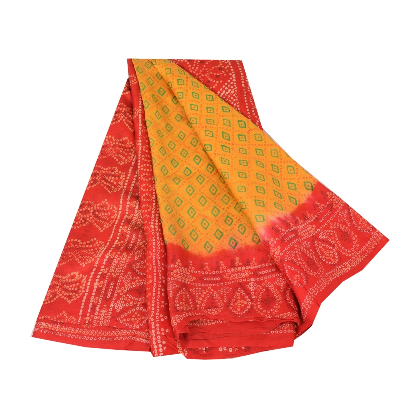 Sanskriti Vintage Sarees Yellow/Red Bandhani Printed Pure Silk Sari 5yd Fabric