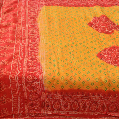 Sanskriti Vintage Sarees Yellow/Red Bandhani Printed Pure Silk Sari 5yd Fabric