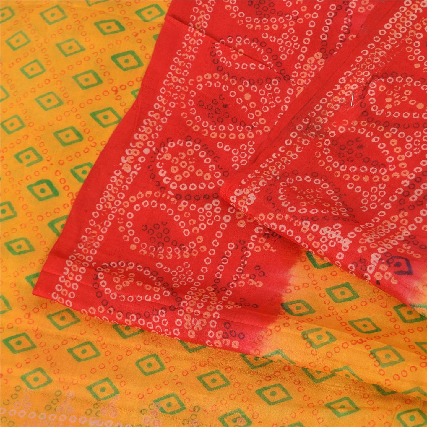 Sanskriti Vintage Sarees Yellow/Red Bandhani Printed Pure Silk Sari 5yd Fabric