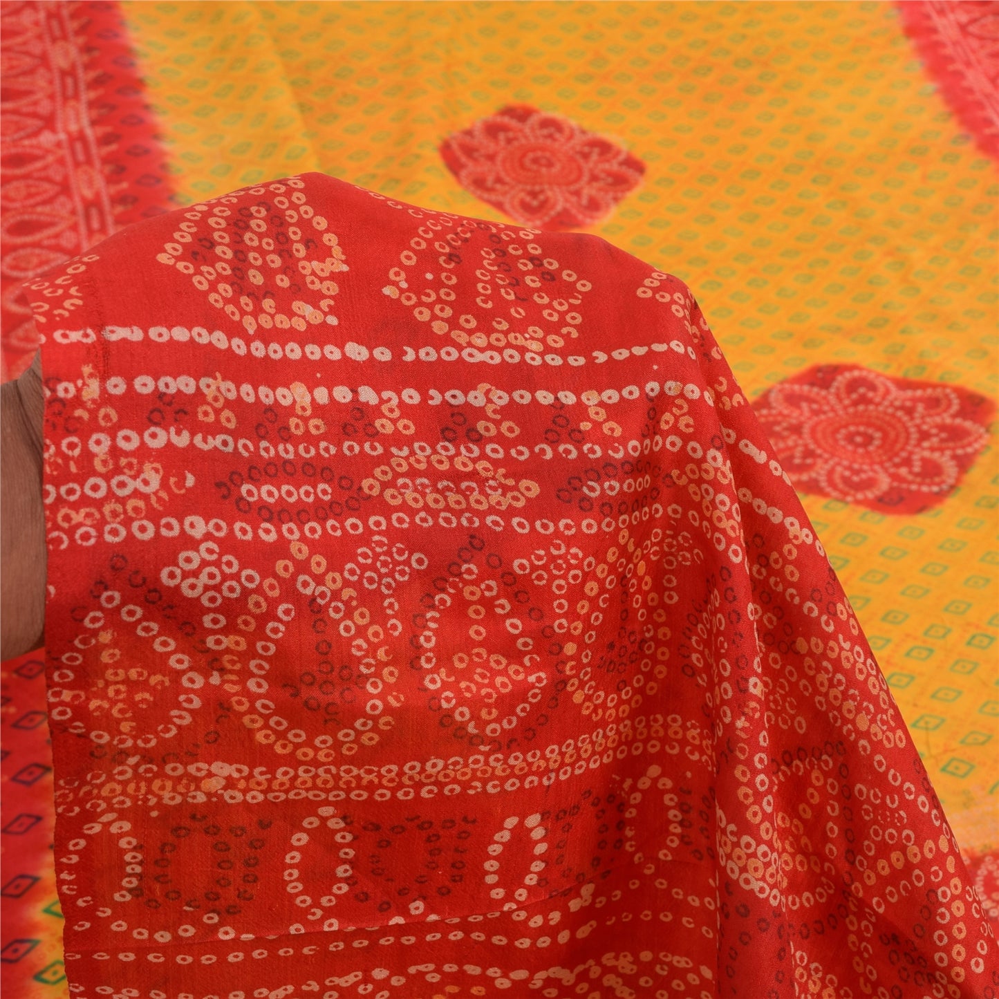 Sanskriti Vintage Sarees Yellow/Red Bandhani Printed Pure Silk Sari 5yd Fabric