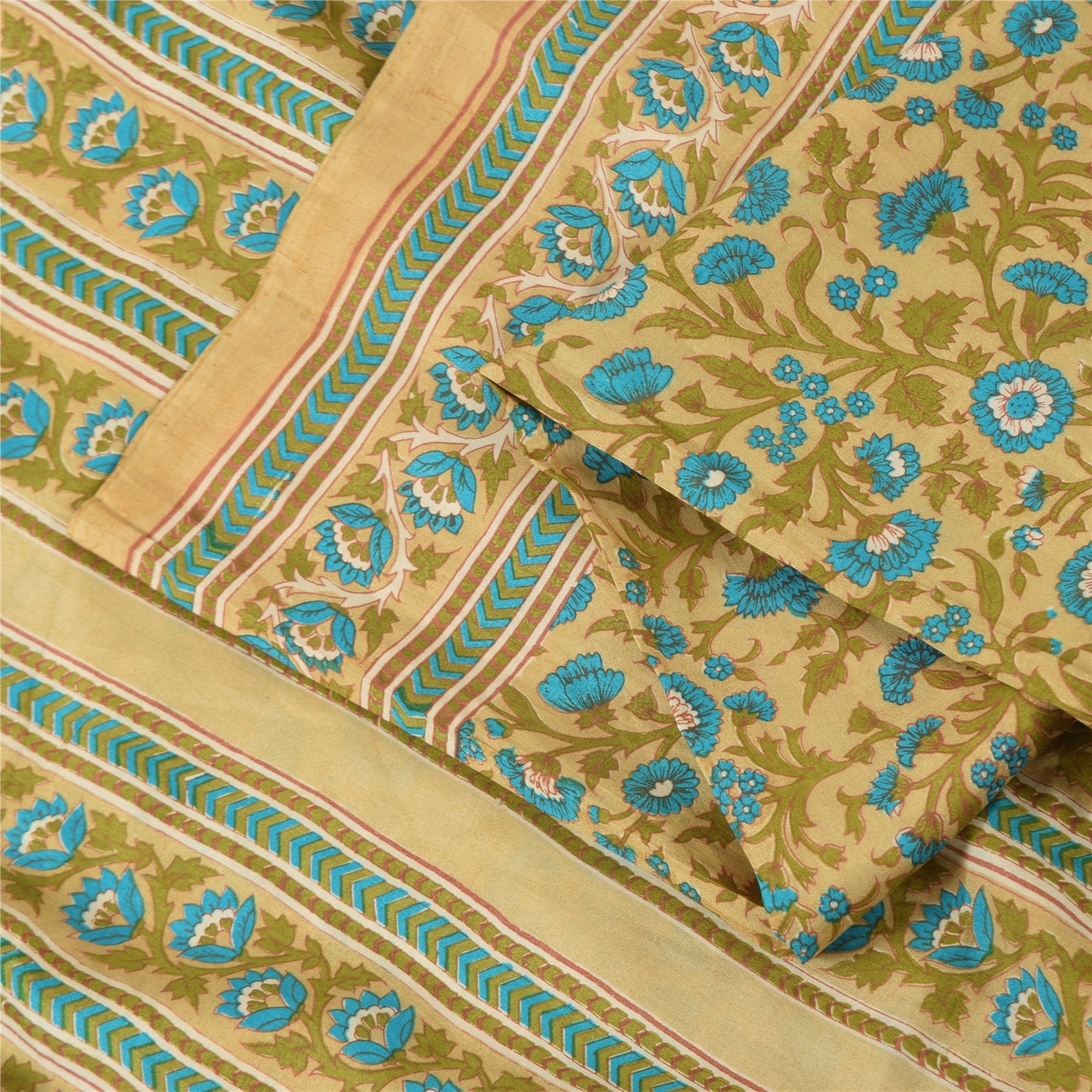 Sanskriti Vintage Sarees Green/Blue 100%Pure Silk Printed Sari 5+yd Craft Fabric