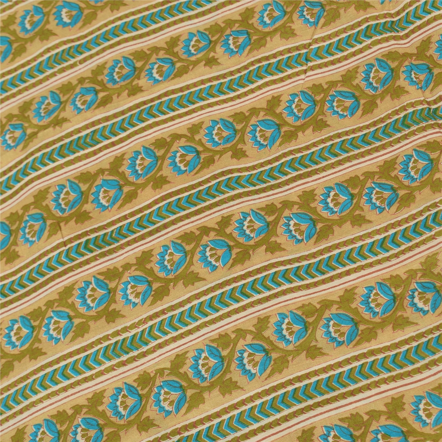 Sanskriti Vintage Sarees Green/Blue 100%Pure Silk Printed Sari 5+yd Craft Fabric