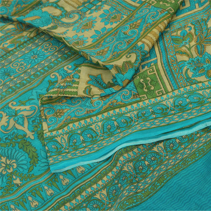 Sanskriti Vintage Sarees Green 100% Pure Silk Printed Sari 5+yd Craft Fabric