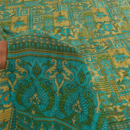 Sanskriti Vintage Sarees Green 100% Pure Silk Printed Sari 5+yd Craft Fabric