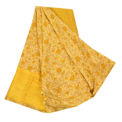 Sanskriti Vintage Sarees Yellow 100% Pure Silk Printed Sari 5+yd Craft Fabric