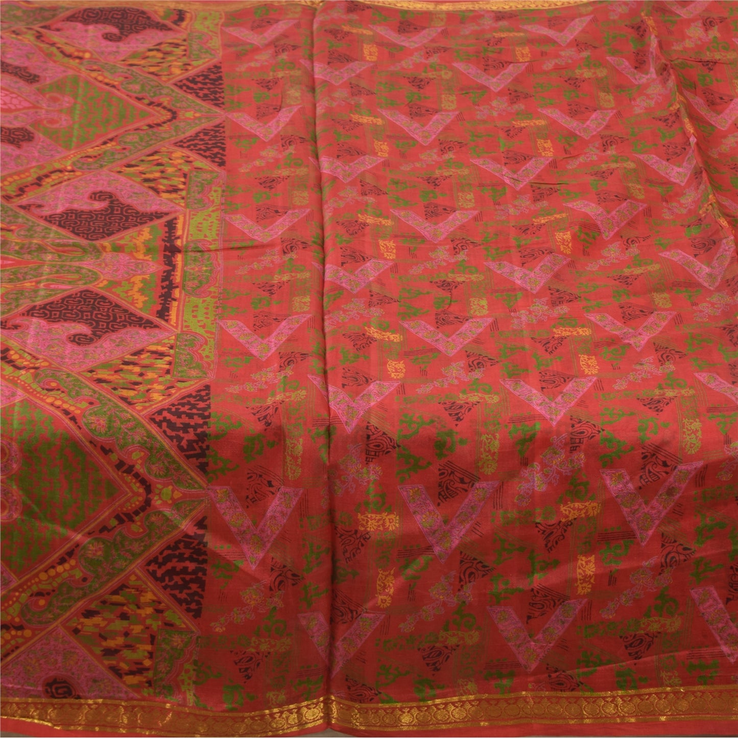 Sanskriti Vintage Sarees Zari Border Pure Silk Printed Sari 6+yd Craft Fabric