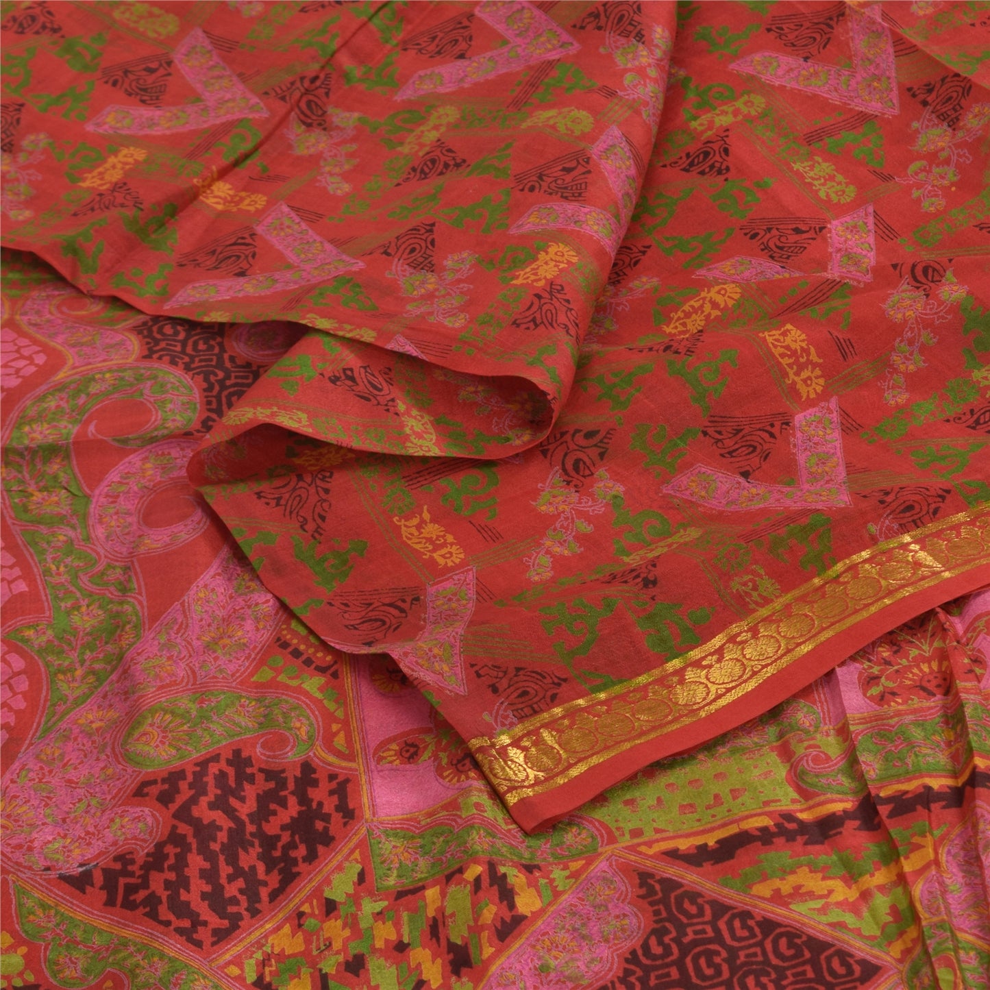 Sanskriti Vintage Sarees Zari Border Pure Silk Printed Sari 6+yd Craft Fabric