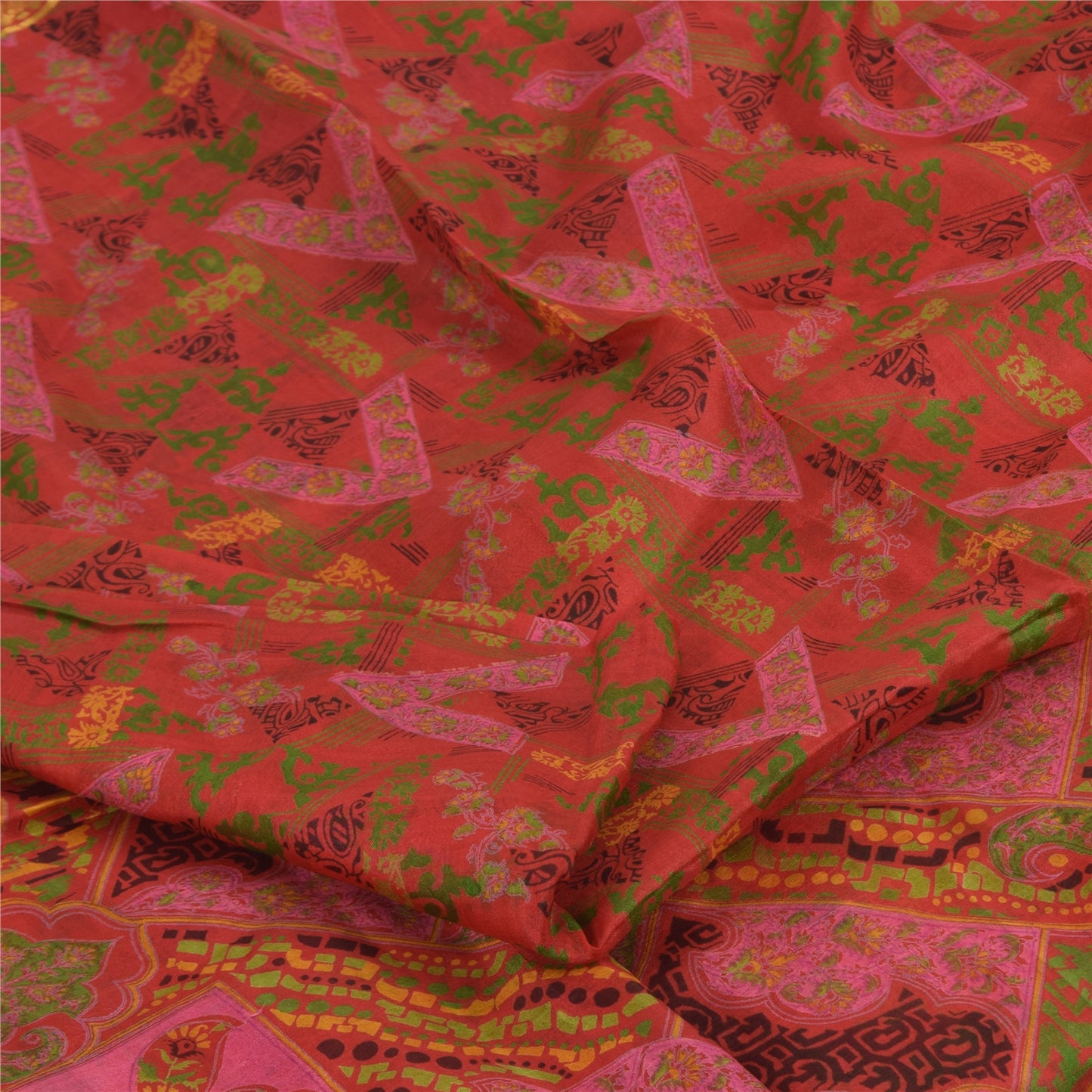 Sanskriti Vintage Sarees Zari Border Pure Silk Printed Sari 6+yd Craft Fabric