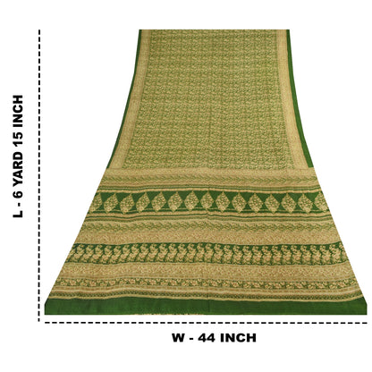 Sanskriti Vintage Sarees Green Indian Pure Silk Printed Sari 6+yd Craft Fabric