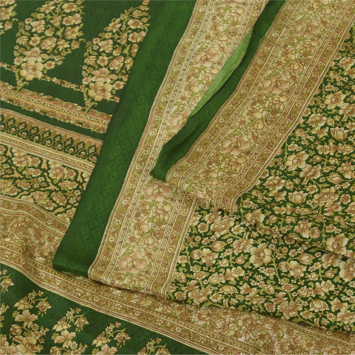 Sanskriti Vintage Sarees Green Indian Pure Silk Printed Sari 6+yd Craft Fabric