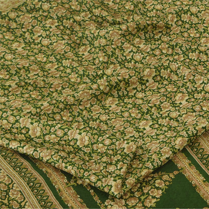 Sanskriti Vintage Sarees Green Indian Pure Silk Printed Sari 6+yd Craft Fabric