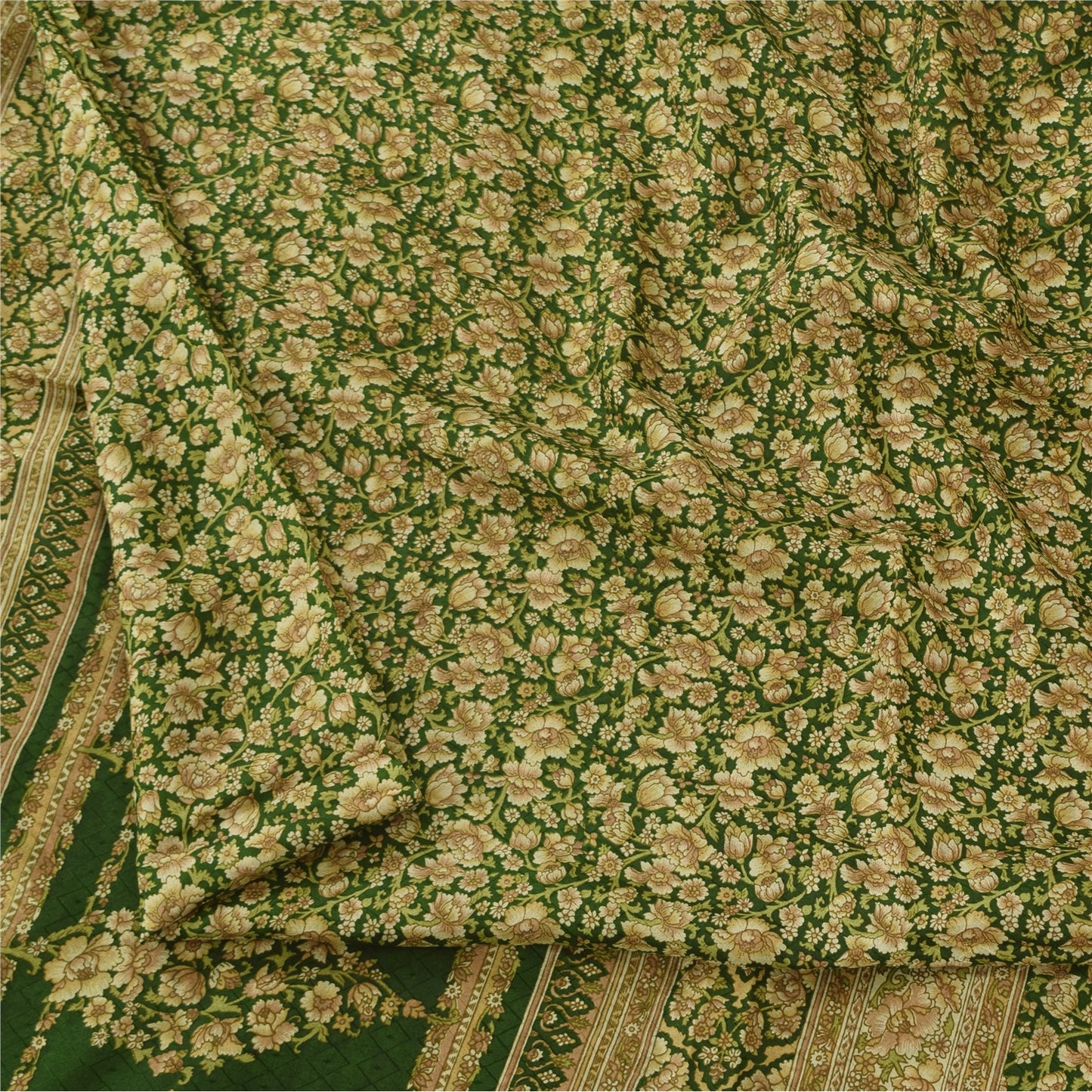 Sanskriti Vintage Sarees Green Indian Pure Silk Printed Sari 6+yd Craft Fabric