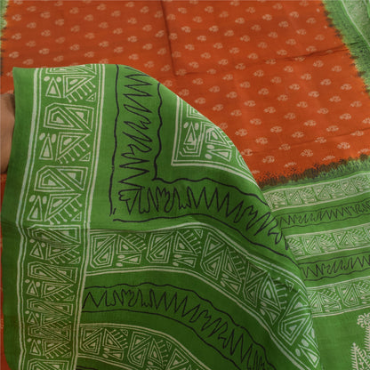 Sanskriti Vintage Sarees Orange/Green Pure Silk Printed Sari 5+yd Craft Fabric