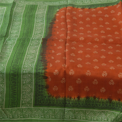 Sanskriti Vintage Sarees Orange/Green Pure Silk Printed Sari 5+yd Craft Fabric