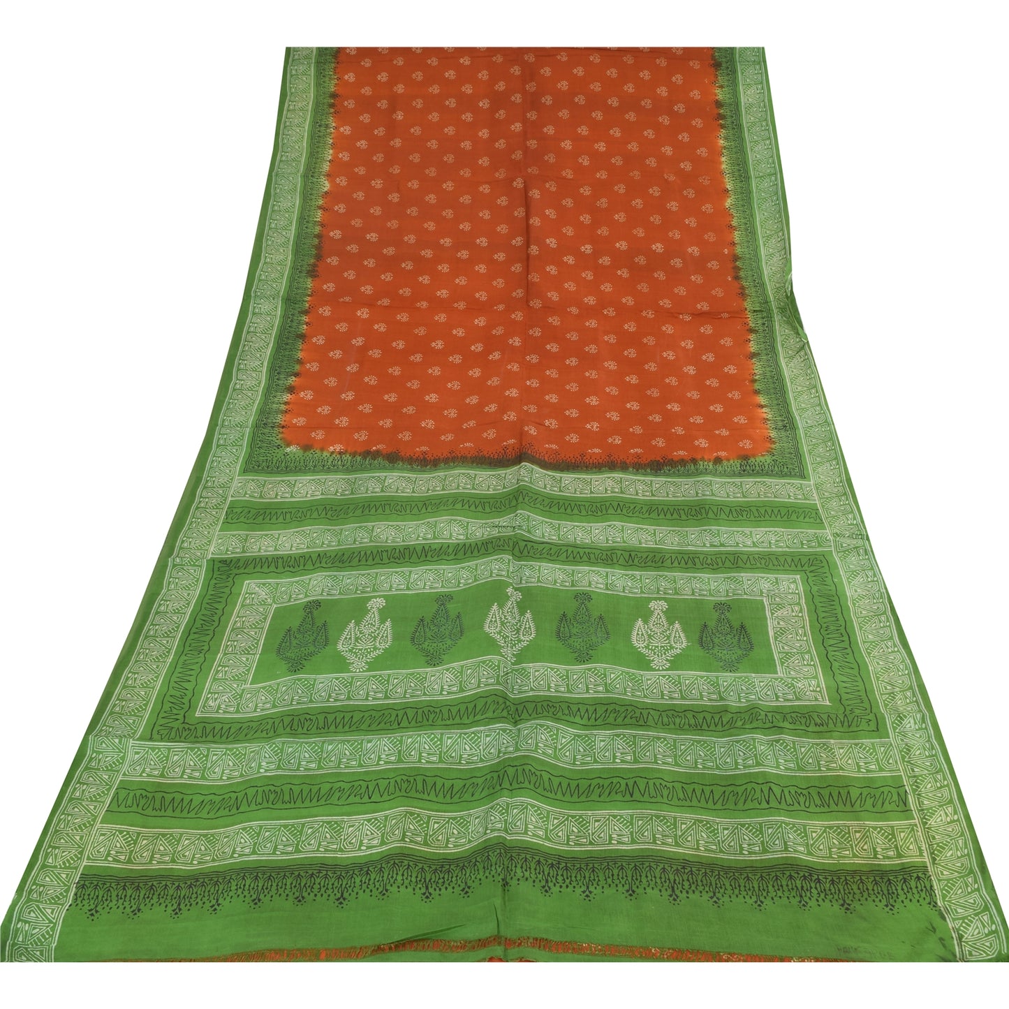 Sanskriti Vintage Sarees Orange/Green Pure Silk Printed Sari 5+yd Craft Fabric