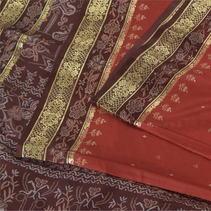 Sanskriti Vintage Sarees Red/Brown 100% Pure Silk Printed Sari 6+yd Craft Fabric