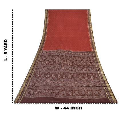 Sanskriti Vintage Sarees Red/Brown 100% Pure Silk Printed Sari 6+yd Craft Fabric