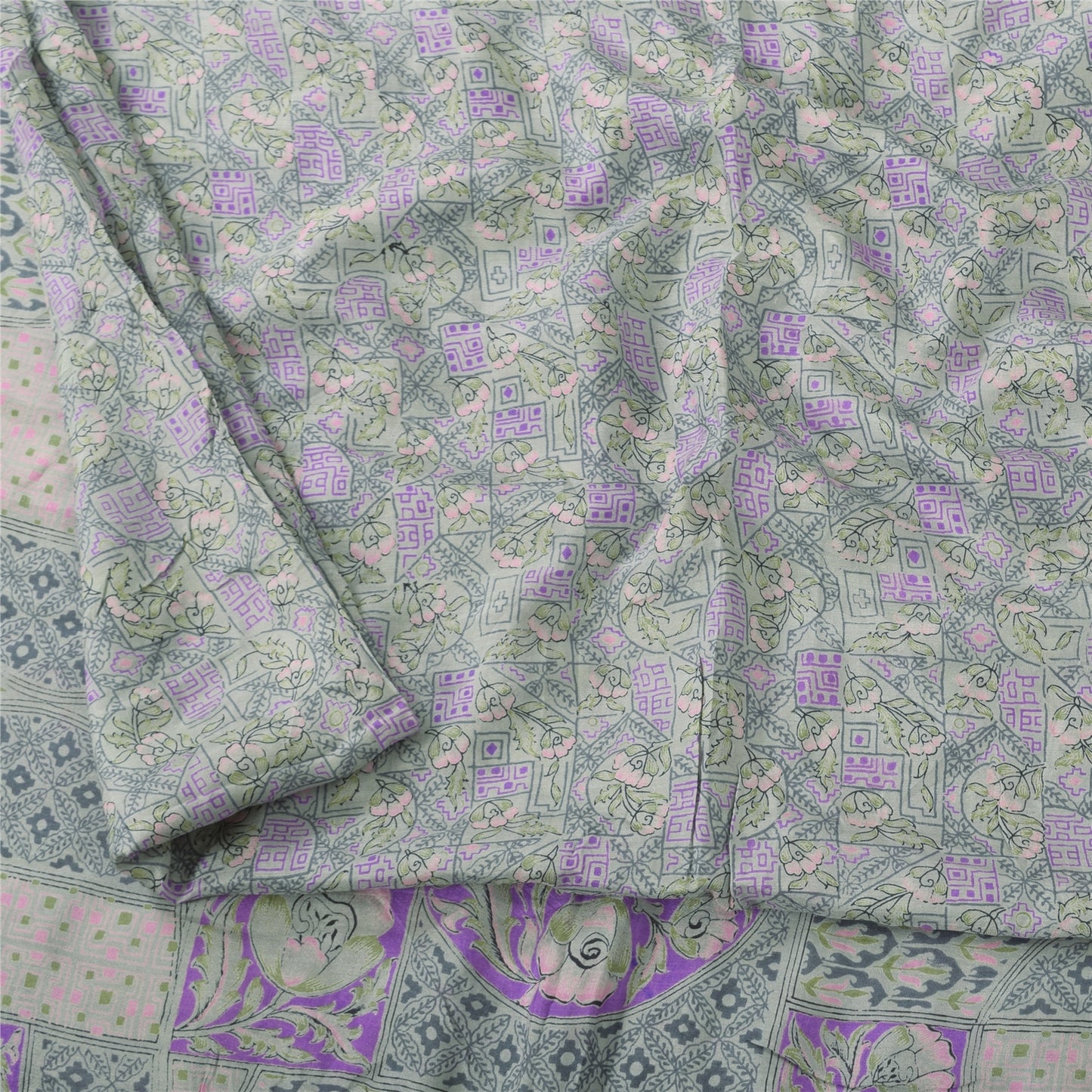 Sanskriti Vintage Sarees Green/Purple Pure Silk Printed Sari 6+yd Craft Fabric