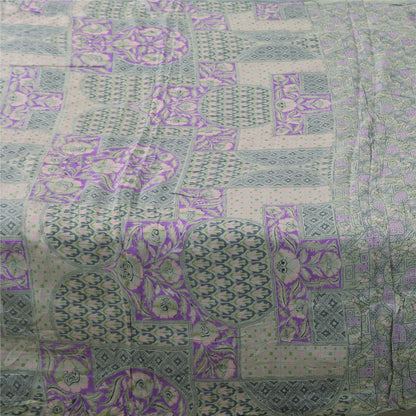 Sanskriti Vintage Sarees Green/Purple Pure Silk Printed Sari 6+yd Craft Fabric