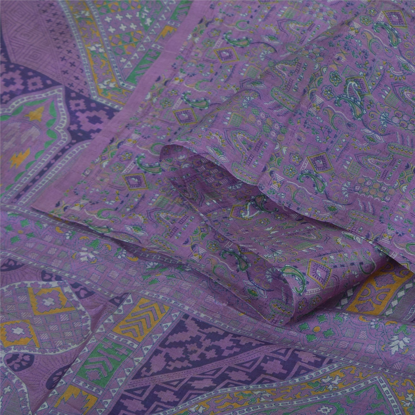 Sanskriti Vintage Sarees Purple 100% Pure Silk Printed Sari 5+yd Craft Fabric